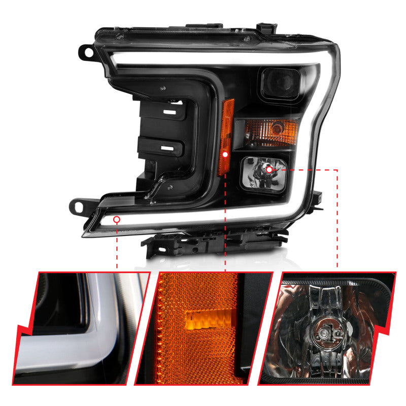 ANZO Projector Headlight Set w/Halo Plank Style Black Amber | Ford F-150 (18-19) (111467)