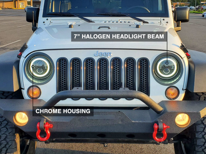 Raxiom LED Halo Headlights 7in Round Chrome Housing (FRONT): Jeep Wrangler (07-18)