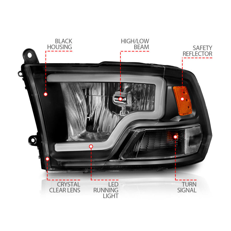 ANZO Crystal Headlights w/ Light Bar (Black): Dodge Ram 2009 - 2018 (1500, 2500, 3500)