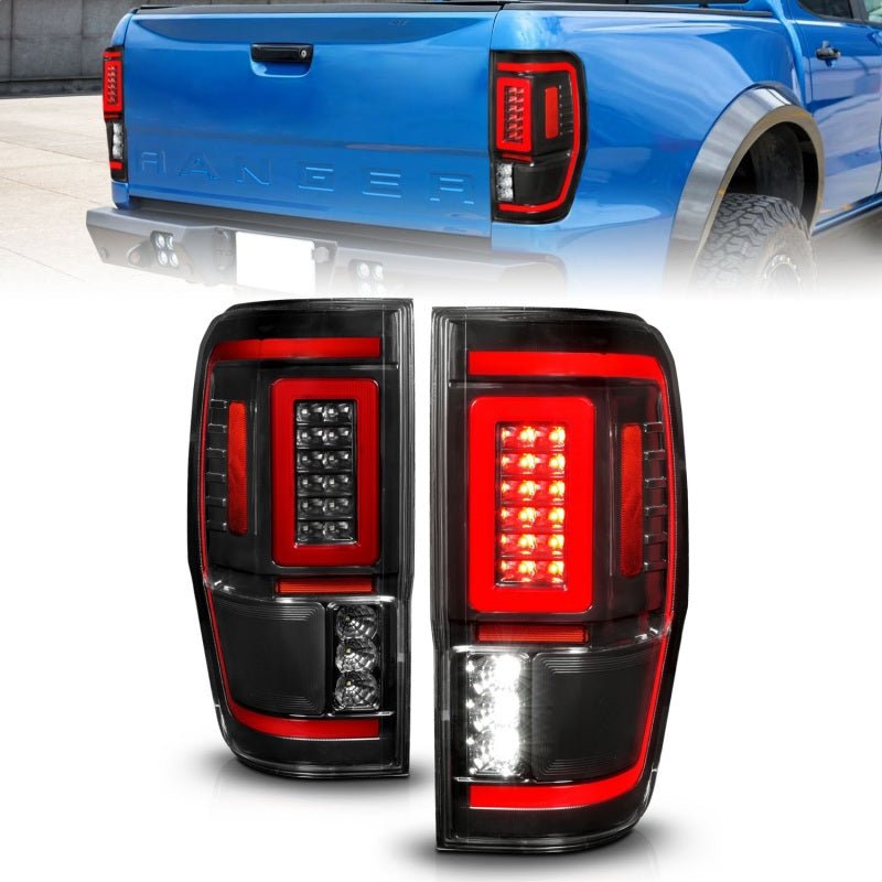 ANZO 19 - 22 Ford Ranger Full LED Taillights w/ Lightbar Sequential Signal Black Housing/Clear Lens Lights offroad accessory | Iron Ridge Offroad
