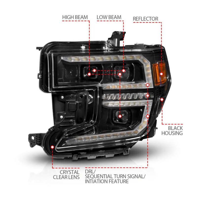 ANZO LED Projector Headlights w/ Switchback + Sequential Black | GMC Sierra 1500 (19-21) (111600) Lights offroad accessory | Iron Ridge Offroad