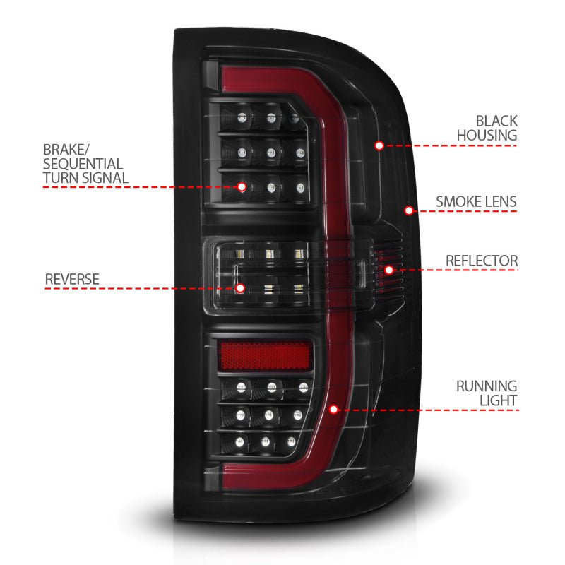 ANZO LED Tail Light Assembly Black Smoke | GMC Sierra 1500/2500/3500 (14-18) (311465) Lights offroad accessory | Iron Ridge Offroad