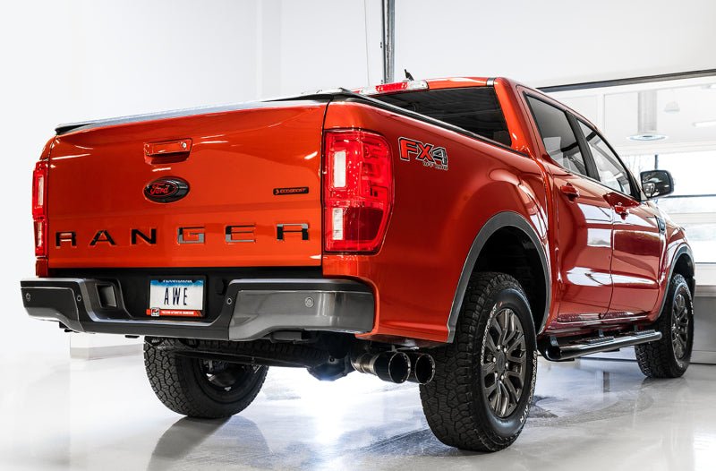 AWE Tuning 2019 - 2023 Ford Ranger 0FG Performance Exhaust System w/Diamond Black Tips & Rock Guard Exhaust offroad accessory | Iron Ridge Offroad