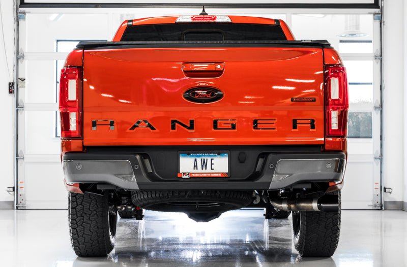 AWE Tuning 2019 - 2023 Ford Ranger 0FG Performance Exhaust System w/Diamond Black Tips & Rock Guard Exhaust offroad accessory | Iron Ridge Offroad