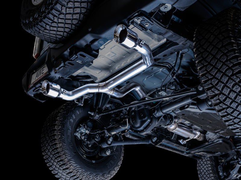 AWE Tuning 2021+ Ford Bronco 0FG Dual Rear Exit Exhaust w/Chrome Silver Tips & Bash Guard Exhaust offroad accessory | Iron Ridge Offroad