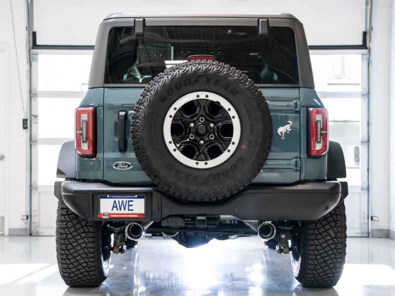 AWE Tuning 2021+ Ford Bronco 0FG Dual Rear Exit Exhaust w/Chrome Silver Tips & Bash Guard Exhaust offroad accessory | Iron Ridge Offroad