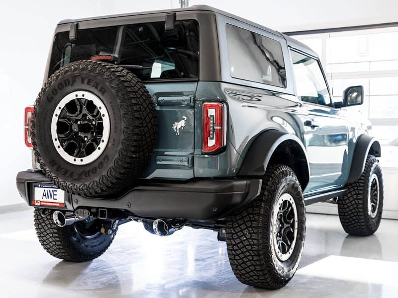 AWE Tuning 2021+ Ford Bronco 0FG Dual Rear Exit Exhaust w/Chrome Silver Tips & Bash Guard Exhaust offroad accessory | Iron Ridge Offroad