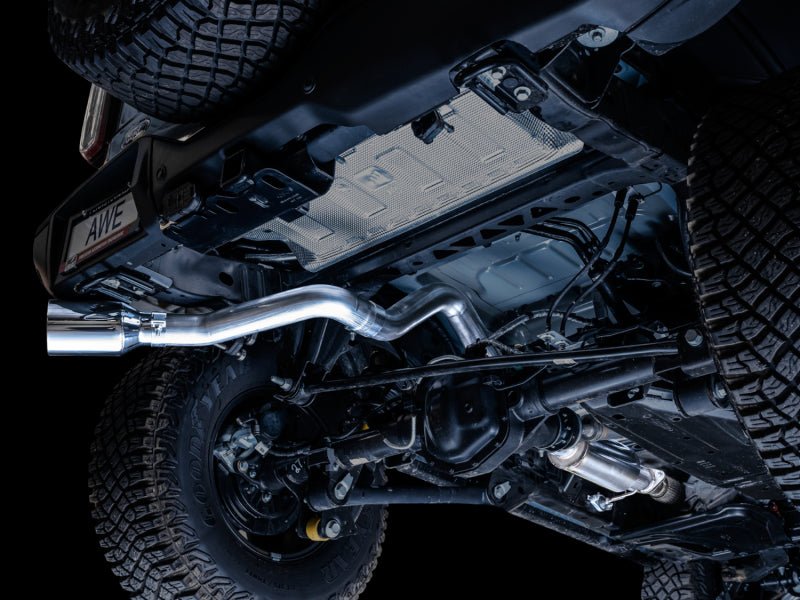 AWE Tuning 2021+ Ford Bronco 0FG Single Rear Exit Exhaust w/Chrome Silver Tip & Bash Guard Exhaust offroad accessory | Iron Ridge Offroad