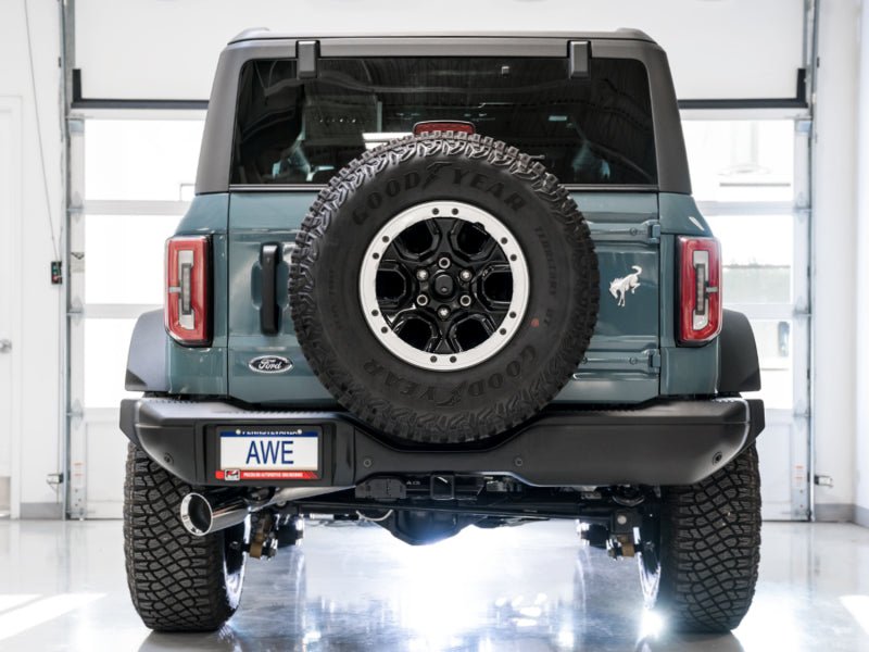 AWE Tuning 2021+ Ford Bronco 0FG Single Rear Exit Exhaust w/Chrome Silver Tip & Bash Guard Exhaust offroad accessory | Iron Ridge Offroad