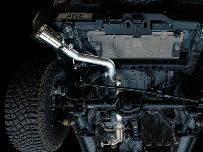 AWE Tuning 2021+ Ford Bronco 0FG Single Rear Exit Exhaust w/Chrome Silver Tip & Bash Guard Exhaust offroad accessory | Iron Ridge Offroad