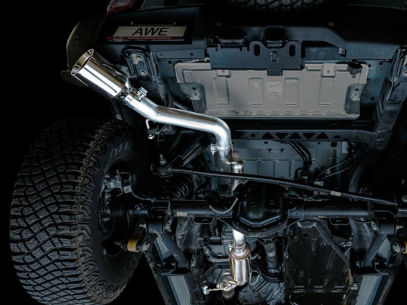 AWE Tuning 2021+ Ford Bronco 0FG Single Rear Exit Exhaust w/Chrome Silver Tip & Bash Guard Exhaust offroad accessory | Iron Ridge Offroad