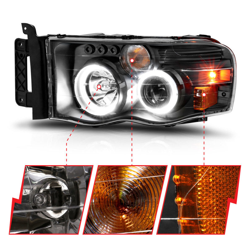 ANZO Projector Headlights w/ Halo (Black): Dodge Ram 1500 2002 - 2005