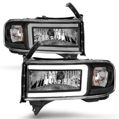 ANZO Crystal Headlights w/ Light Bar (Black): Dodge Ram 1994 - 2002 (1500, 2500, 3500)