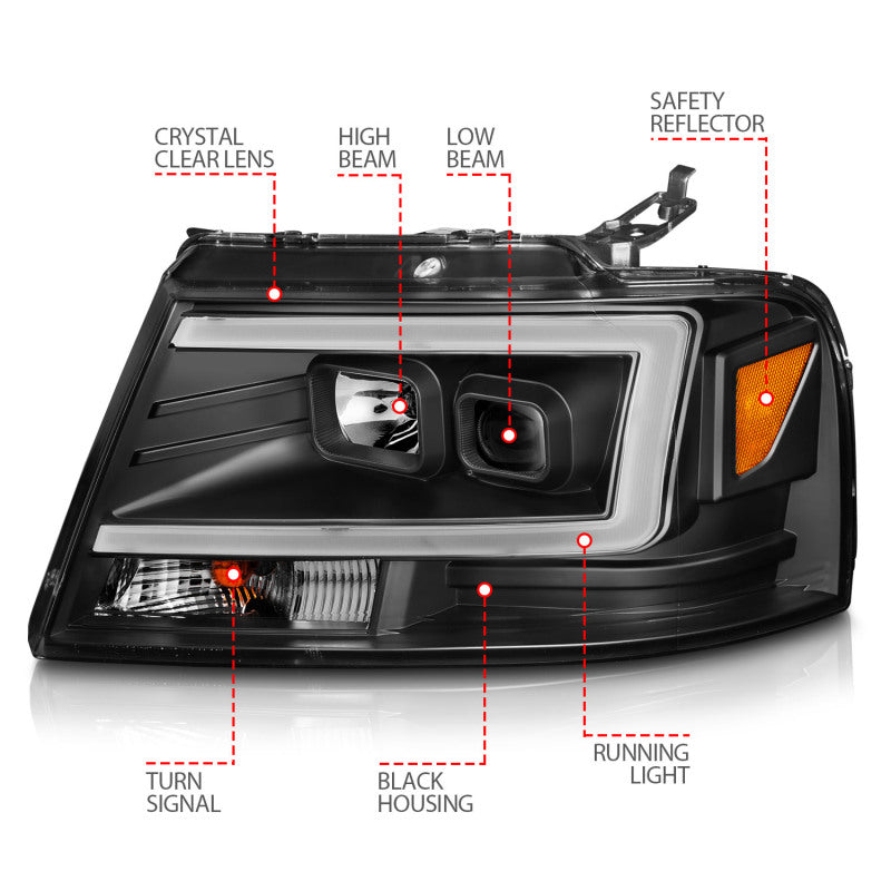 ANZO Projector Headlight Set w/ Light Bar Black Housing | Ford F-150 (04-08) (111541)