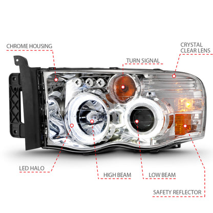 ANZO Projector Headlights w/ Halo (Chrome): Dodge Ram 1500 2002 - 2005