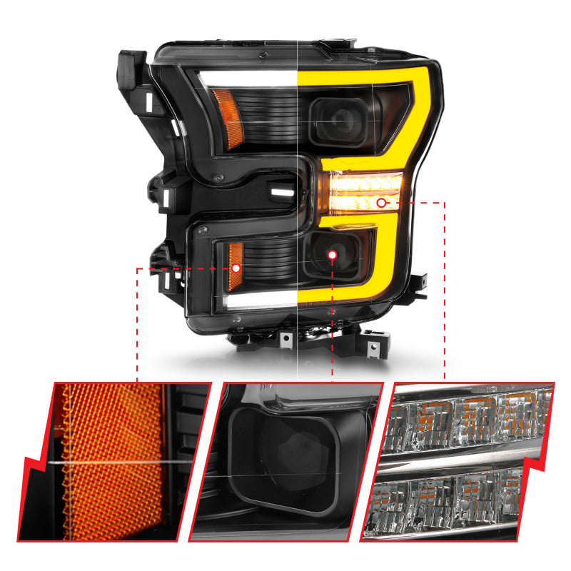 ANZO LED Projector Headlight Set w/ Light Bar Switchback Black Housing | Ford F-150 (15-17) (111547)