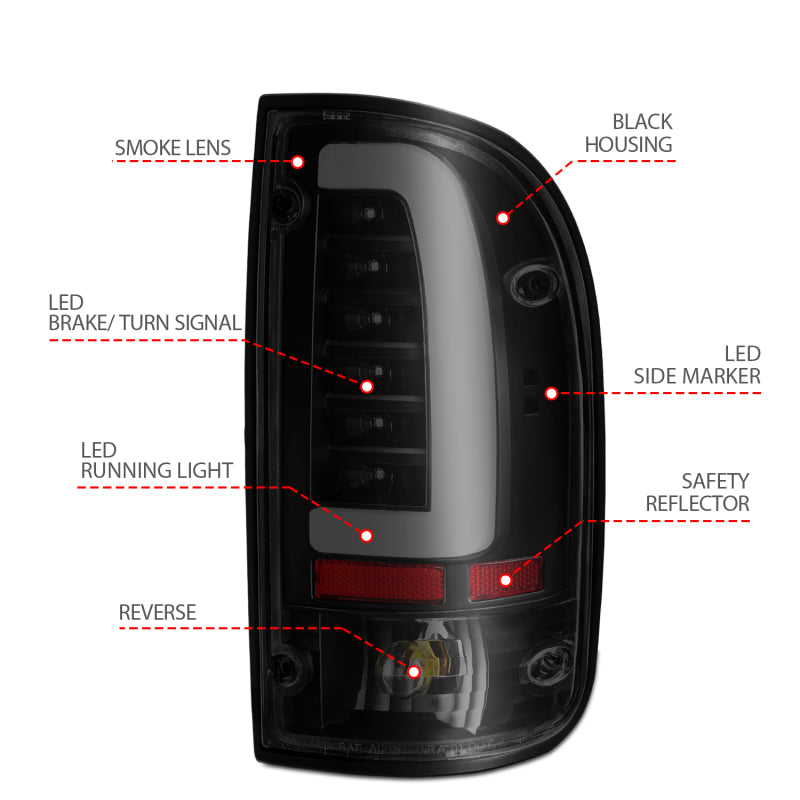 ANZO LED Tail Light Assembly Black Housing Smoke Lens Pair | Toyota Tacoma (95-00) (311354)