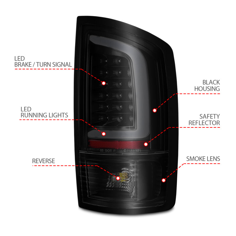 ANZO LED Tail Lights w/ Light Bar (Black/Smoke): Dodge Ram 2002 - 2006 (1500, 2500, 3500)