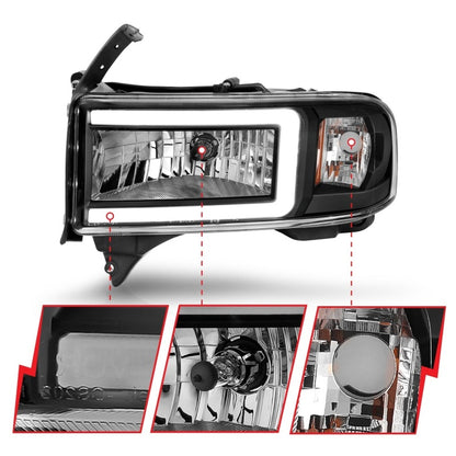 ANZO Crystal Headlights w/ Light Bar (Black): Dodge Ram 1994 - 2002 (1500, 2500, 3500)