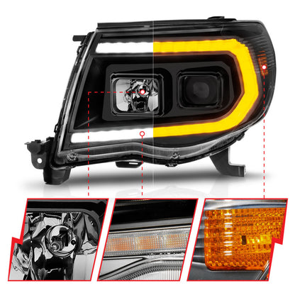 ANZO Projector Headlight Set w/ Light Bar Switchback Black Housing | Toyota Tacoma (05-11) (111564)