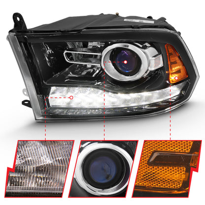 ANZO Projector Headlights Plank Style Switchback w/ Halo (Black): Dodge Ram 1500 2009 - 2018