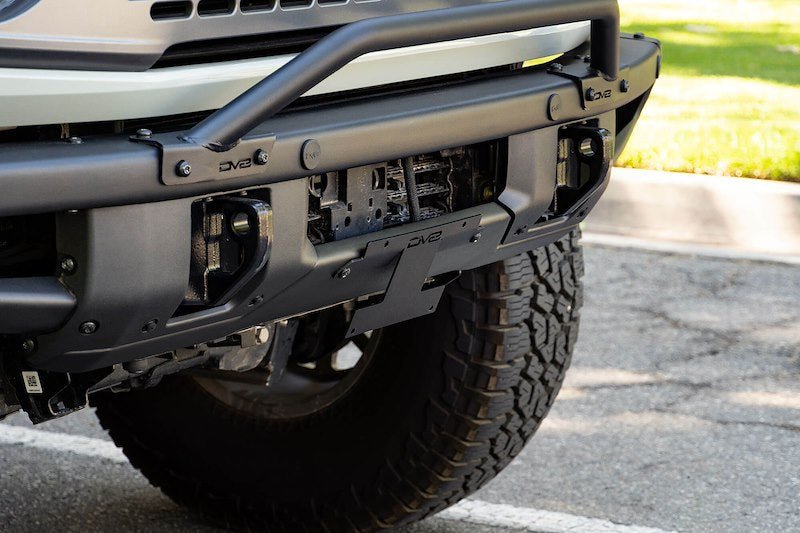 DV8 Factory Steel Front Bumper Relocation License Bracket - 2021+ Ford Bronco Exterior Styling offroad accessory | Iron Ridge Offroad