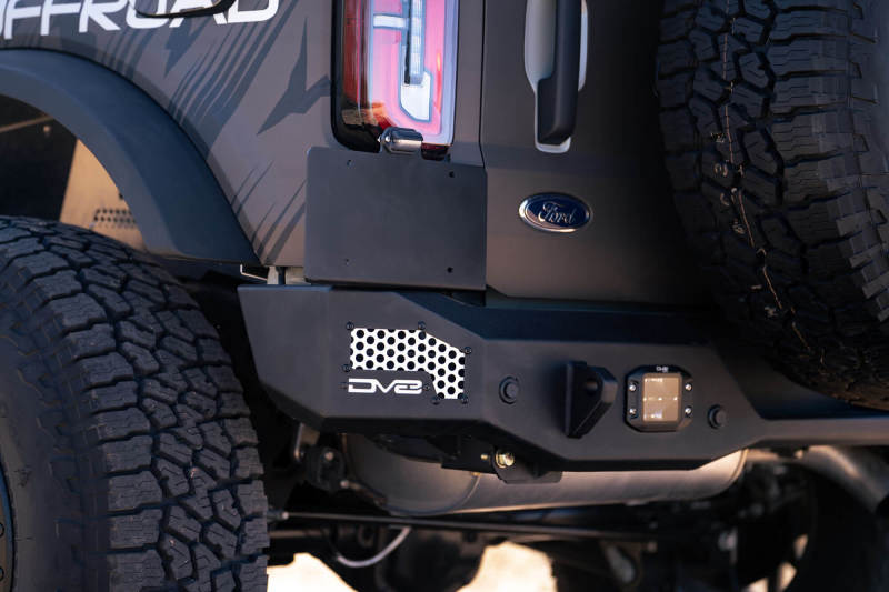 DV8 Offroad 21 - 22 Ford Bronco MTO Series Rear Bumper with Side License Plate Mount and Recovery Points Lights offroad accessory | Iron Ridge Offroad