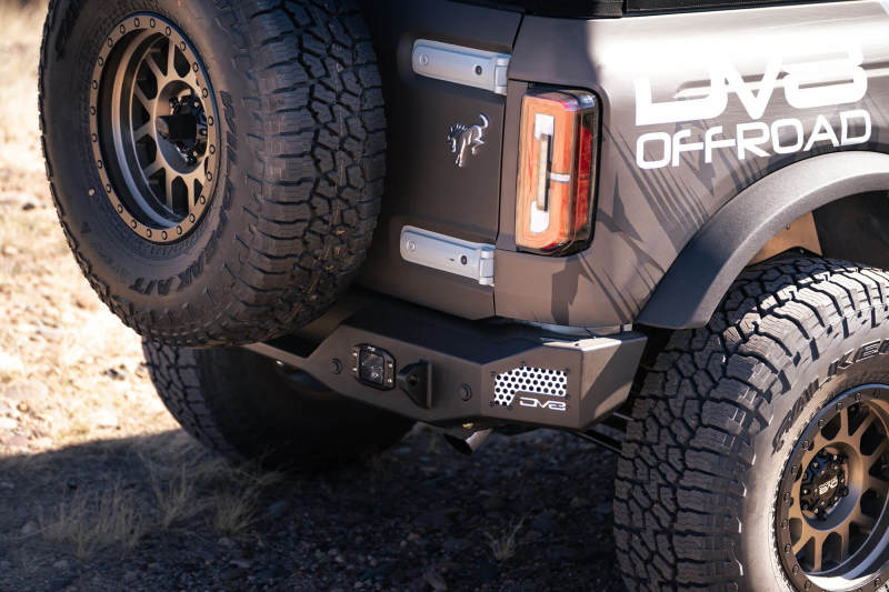 DV8 Offroad 21 - 22 Ford Bronco MTO Series Rear Bumper with Side License Plate Mount and Recovery Points Lights offroad accessory | Iron Ridge Offroad