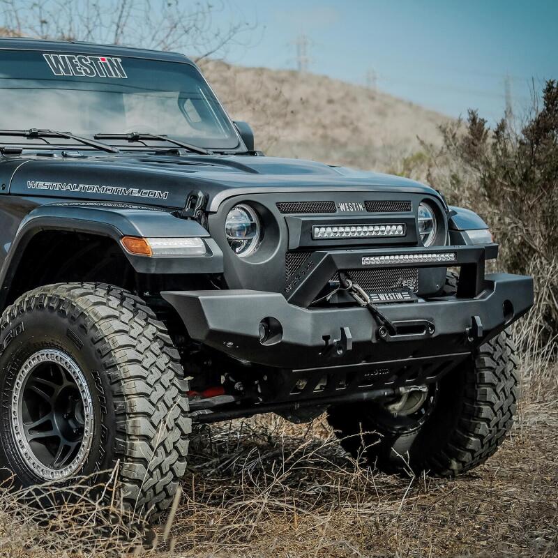 Westin Textured Black Full Width Front Bumper w/ LED Light Bar Mount: Jeep Wrangler (18-24) / Gladiator (20-24)