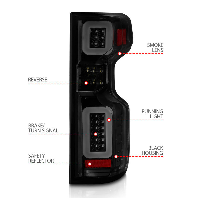 ANZO LED Tail Light Assembly Black Housing Smoke Lens | Chevy Silverado 19-21 (311418)