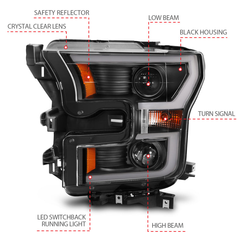 ANZO Projector Headlight Set w/ Plank Style Switchback Black w/ Amber | Ford F-150 (15-17) (111357)