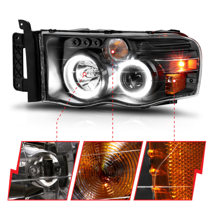 ANZO Projector Headlights w/ Halo (Black): Dodge Ram 1500 2002 - 2005