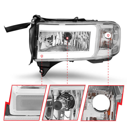 ANZO Crystal Headlights w/ Light Bar (Chrome): Dodge Ram 1994 - 2002 (1500, 2500, 3500)