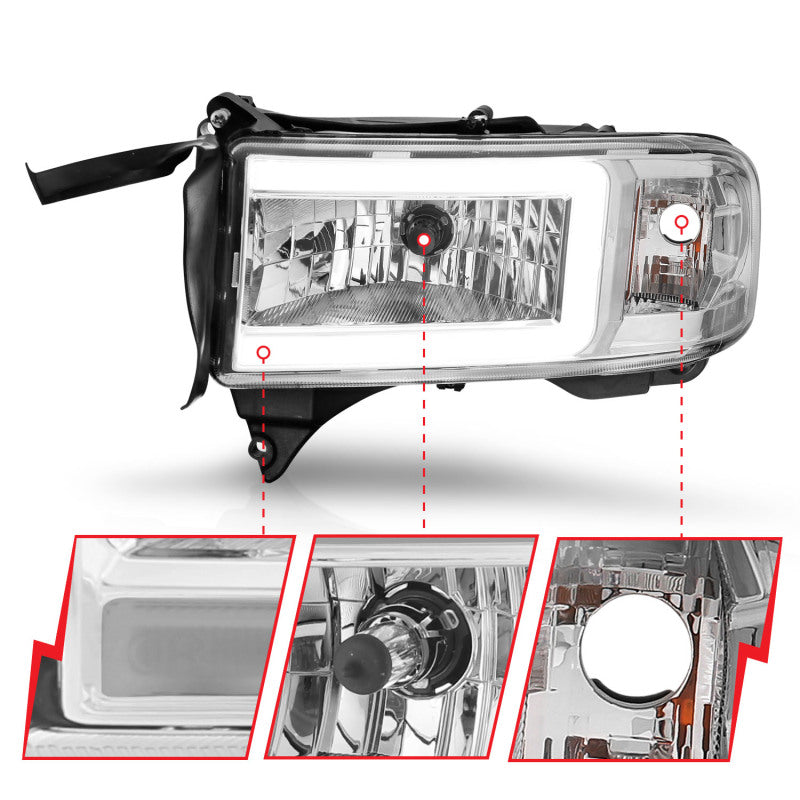 ANZO Crystal Headlights w/ Light Bar (Chrome): Dodge Ram 1994 - 2002 (1500, 2500, 3500)