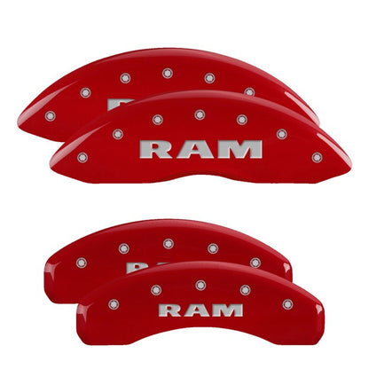 MGP Caliper Covers (FRONT AND REAR): Ram 1500 (11-18) / 1500 Classic (19-24) w/ Red Finish, Silver Characters, RAM Logo