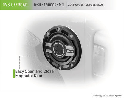 DV8 Offroad Aluminum Fuel Door: Jeep Wrangler 2018-2021