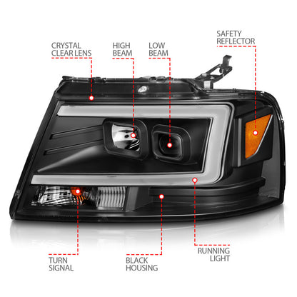 ANZO Projector Headlight Set w/ Light Bar Black Housing | Ford F-150 (04-08) (111541)