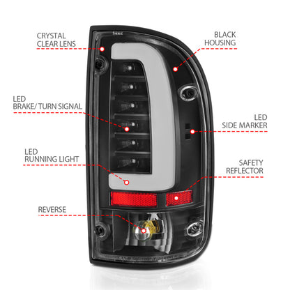 ANZO LED Tail Light Assembly Black Housing Clear Lens Rear Pair | Toyota Tacoma (95-04) (311353)