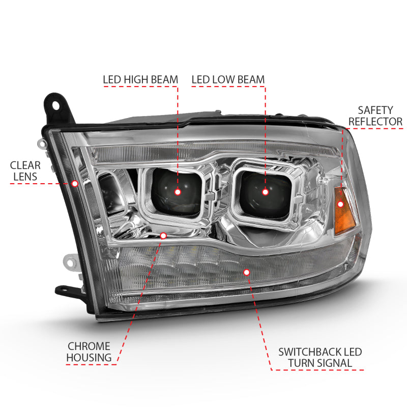 ANZO LED Projector Headlights Plank Style Switchback w/ Halo (Chrome): Dodge Ram 1500 2009 - 2018