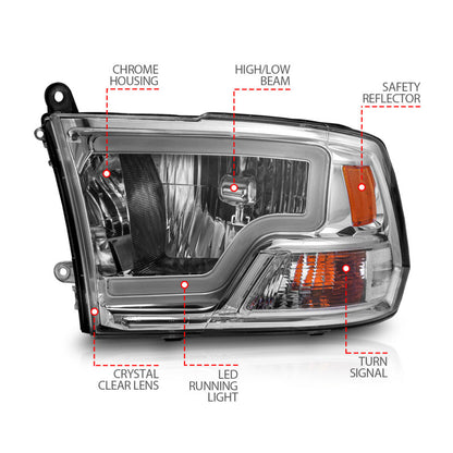 ANZO Crystal Headlights w/ Light Bar (Chrome): Dodge Ram 2009 - 2018 (1500, 2500, 3500)