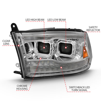 ANZO LED Projector Headlights Plank Style Switchback w/ Halo (Chrome): Dodge Ram 1500 2009 - 2018