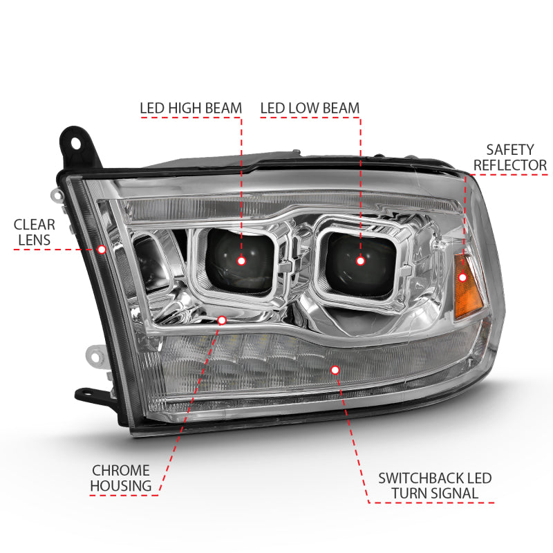 ANZO LED Projector Headlights Plank Style Switchback w/ Halo (Chrome): Dodge Ram 1500 2009 - 2018