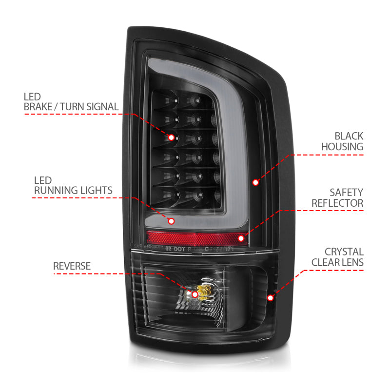 ANZO LED Tail Lights w/ Light Bar (Black/Clear): Dodge Ram 2002 - 2006 (1500, 2500, 3500)