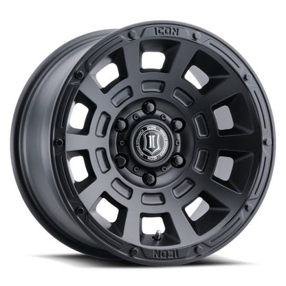 ICON Thrust 17x8.5 6x5.5 25mm Offset 5.75in BS 95.1mm Bore Satin Black Wheel Wheels offroad accessory | Iron Ridge Offroad