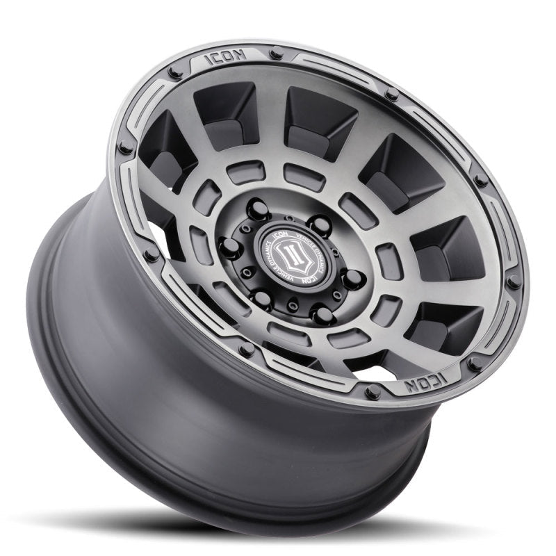 ICON Thrust 17x8.5 6x5.5 25mm Offset 5.75in BS 95.1mm Bore Smoked Satin Black Wheel Wheels offroad accessory | Iron Ridge Offroad