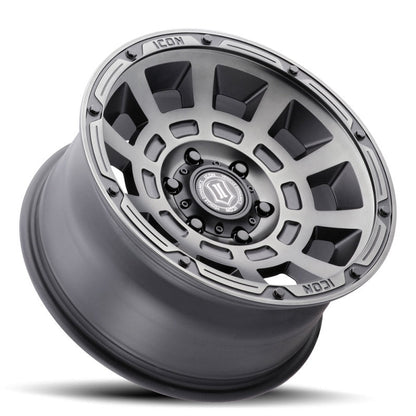 ICON Thrust 17x8.5 6x5.5 25mm Offset 5.75in BS 95.1mm Bore Smoked Satin Black Wheel Wheels offroad accessory | Iron Ridge Offroad