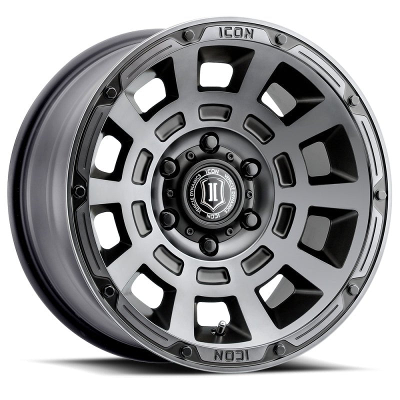 ICON Thrust 17x8.5 6x5.5 25mm Offset 5.75in BS 95.1mm Bore Smoked Satin Black Wheel Wheels offroad accessory | Iron Ridge Offroad
