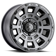 ICON Thrust 17x8.5 6x5.5 25mm Offset 5.75in BS 95.1mm Bore Smoked Satin Black Wheel Wheels offroad accessory | Iron Ridge Offroad