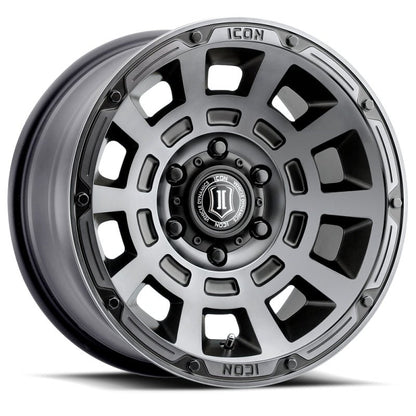 ICON Thrust 17x8.5 6x5.5 25mm Offset 5.75in BS 95.1mm Bore Smoked Satin Black Wheel Wheels offroad accessory | Iron Ridge Offroad