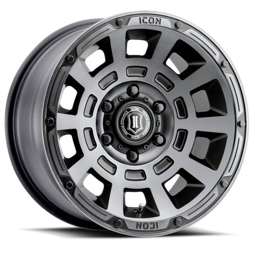 ICON Thrust 17x8.5 6x5.5 25mm Offset 5.75in BS 95.1mm Bore Smoked Satin Black Wheel Wheels offroad accessory | Iron Ridge Offroad
